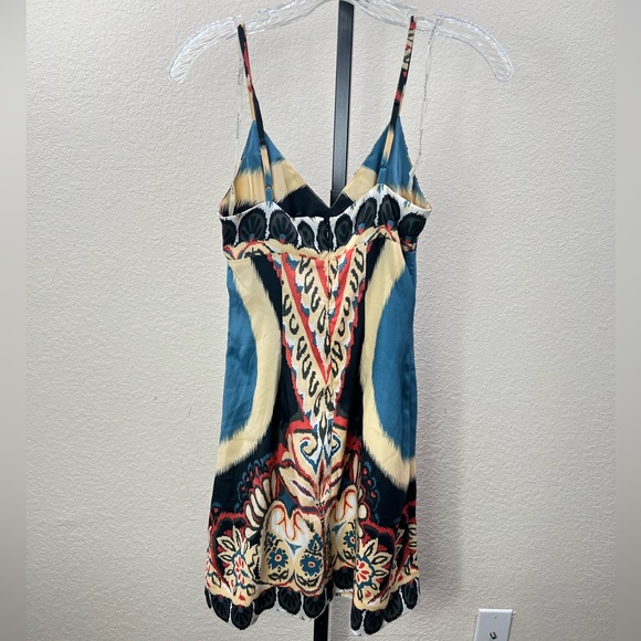 Aztec Floral Print Dress Summer Blue Spaghetti Strap Satin Silk Midi Tribal Gown - Picture 3 of 17